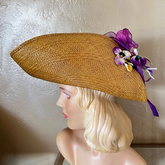 TANTALIZING GOLD STRAW HAT WITH FOLDED WIDE BRIM + FABRIC PURPLE FLOWERS